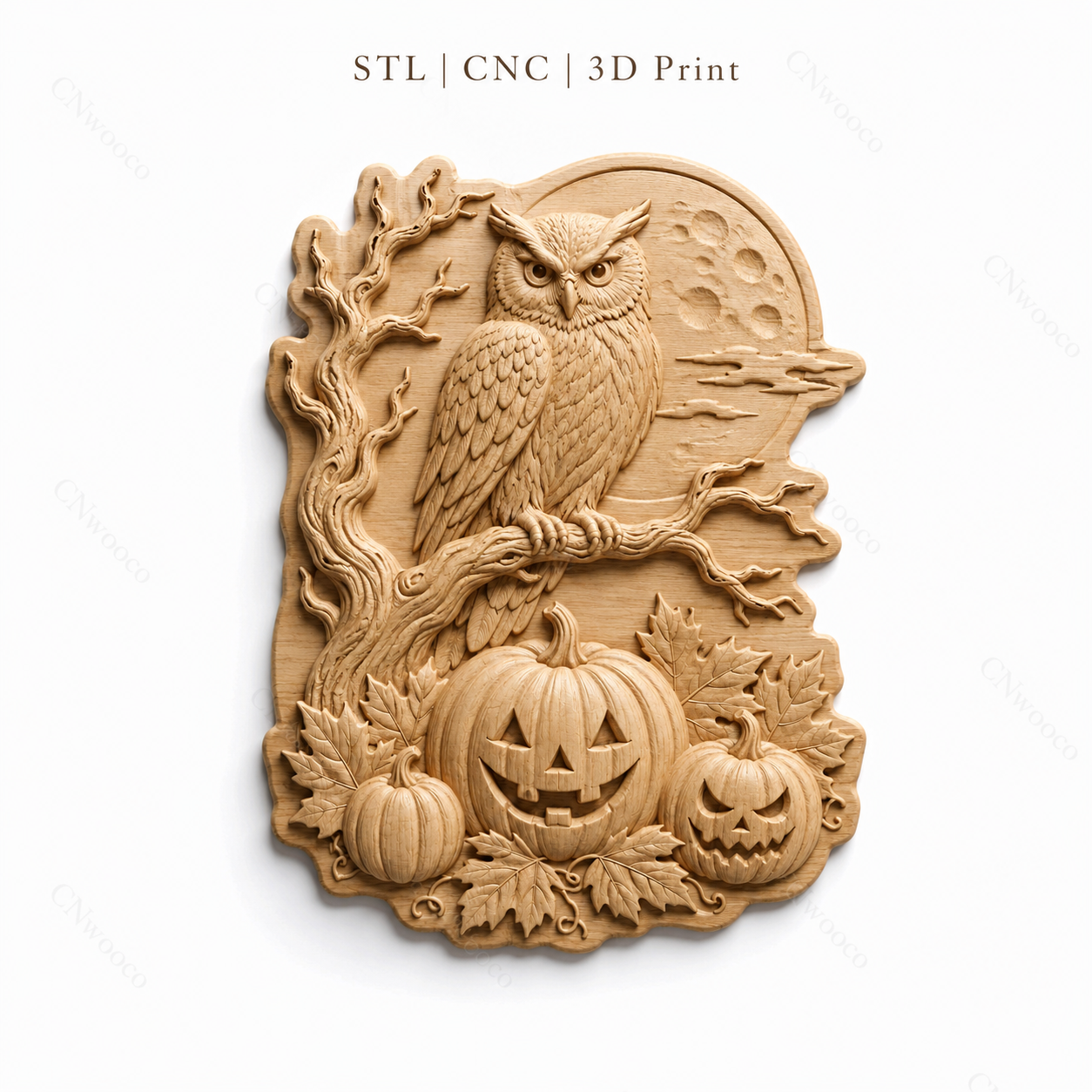 Relief chouette Halloween CNC & impression 3D, citrouilles, pleine lune et feuilles d’automne, fichier STL haute qualité