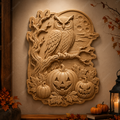 Relief chouette Halloween CNC & impression 3D, citrouilles, pleine lune et feuilles d’automne, fichier STL haute qualité