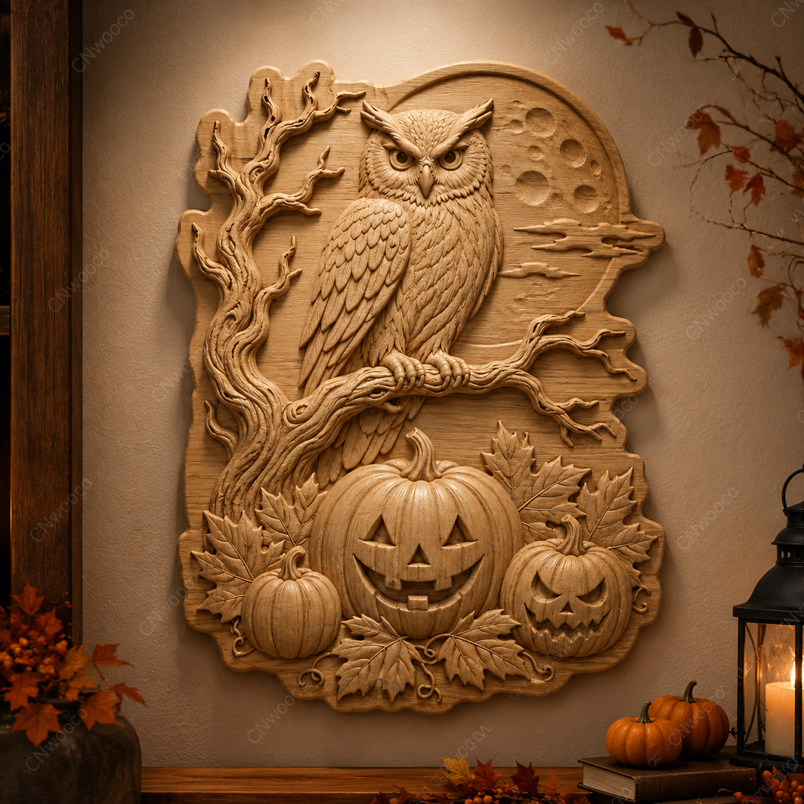 Relief chouette Halloween CNC & impression 3D, citrouilles, pleine lune et feuilles d’automne, fichier STL haute qualité