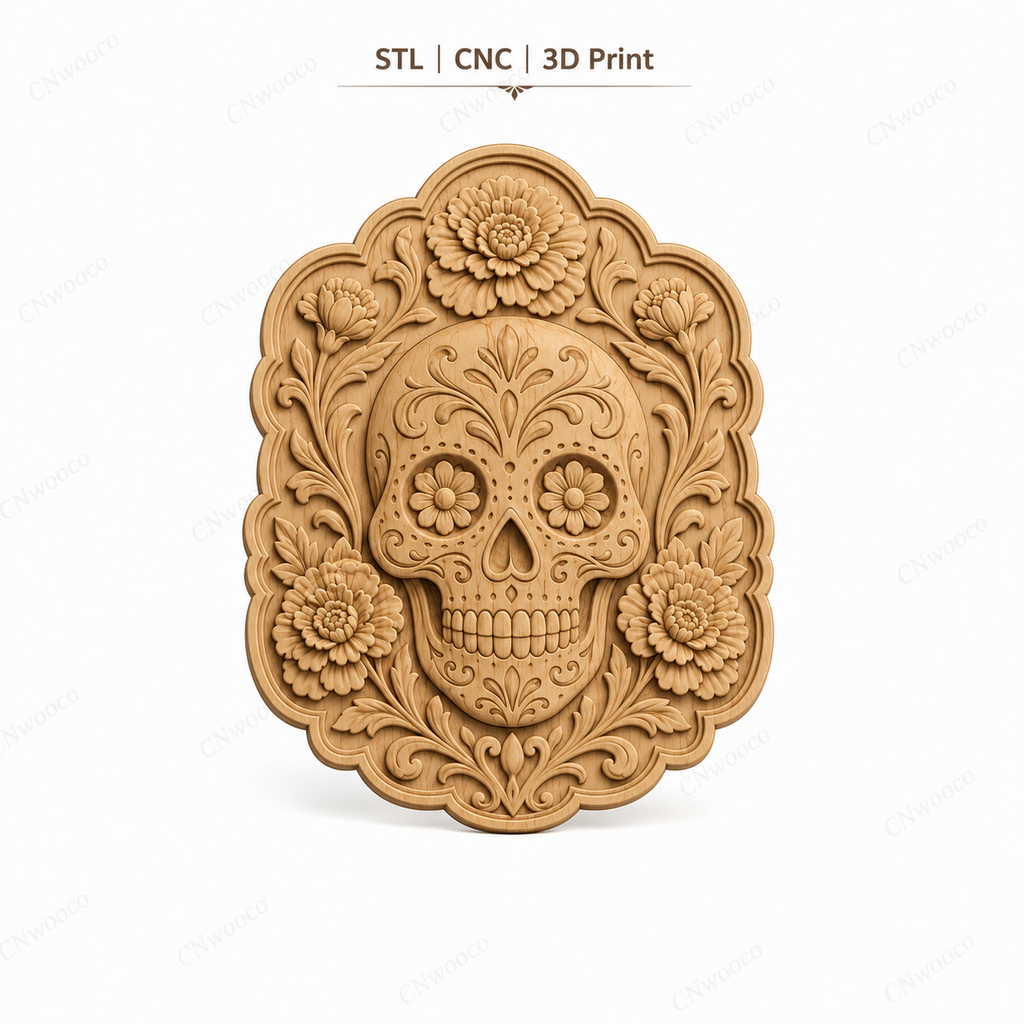 CNC & impression 3D relief crâne floral Sugar Skull, fleurs décoratives et style Día de Muertos, fichier STL haute qualité