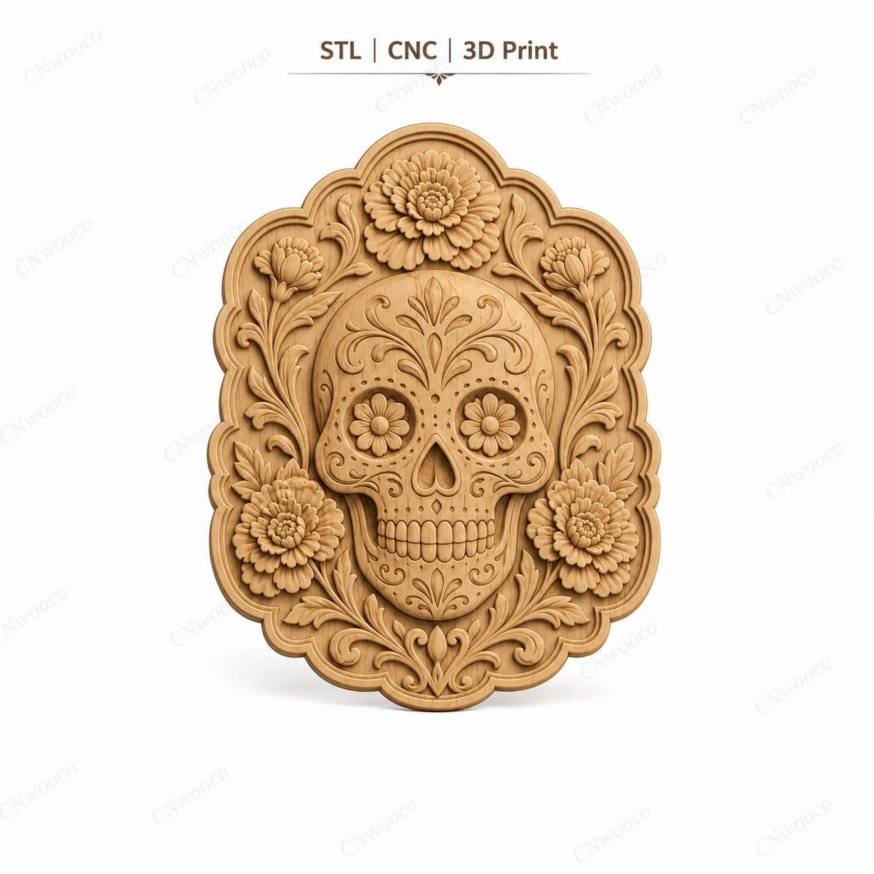 CNC & impression 3D relief crâne floral Sugar Skull, fleurs décoratives et style Día de Muertos, fichier STL haute qualité