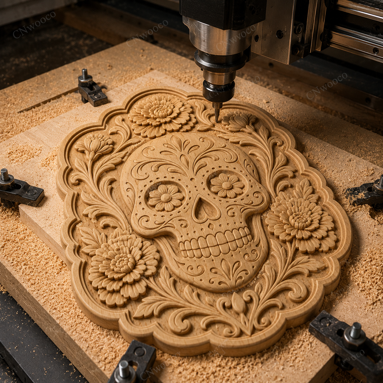 CNC & impression 3D relief crâne floral Sugar Skull, fleurs décoratives et style Día de Muertos, fichier STL haute qualité