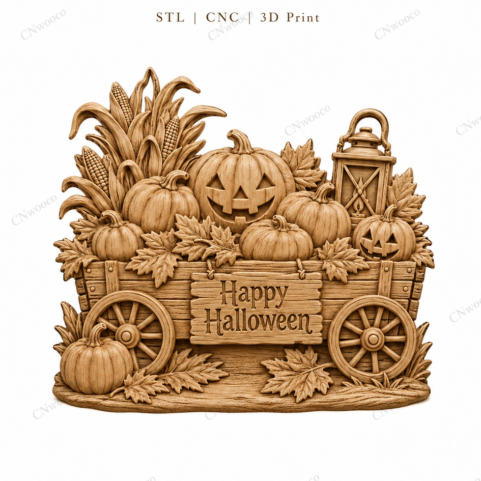 CNC & impression 3D relief chariot Halloween, citrouilles, lanterne et panneau Happy Halloween, fichier STL haute qualité
