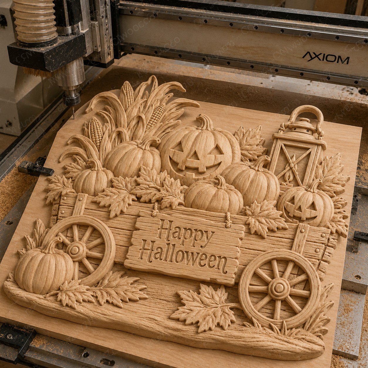 CNC & impression 3D relief chariot Halloween, citrouilles, lanterne et panneau Happy Halloween, fichier STL haute qualité