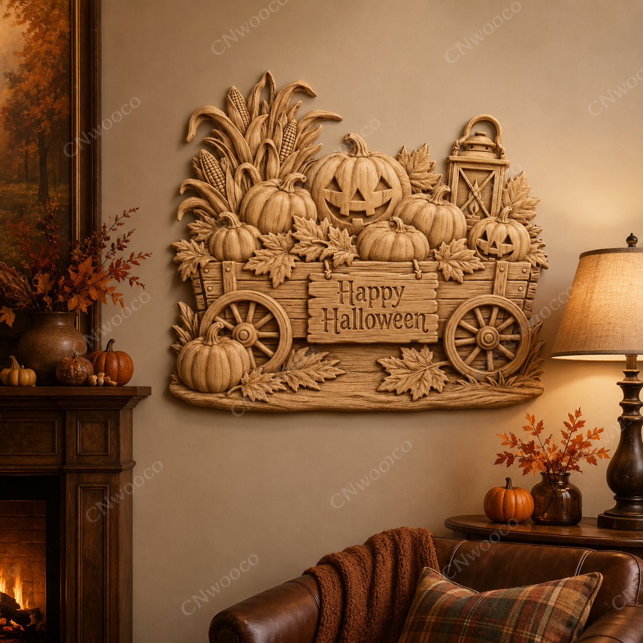 CNC & impression 3D relief chariot Halloween, citrouilles, lanterne et panneau Happy Halloween, fichier STL haute qualité
