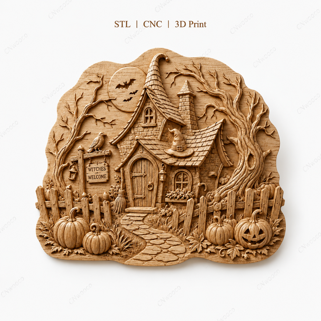 CNC & impression 3D relief maison de sorcière Halloween, citrouilles et panneau Witches Welcome, fichier STL haute qualité