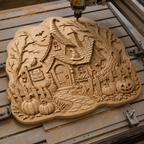 CNC & impression 3D relief maison de sorcière Halloween, citrouilles et panneau Witches Welcome, fichier STL haute qualité