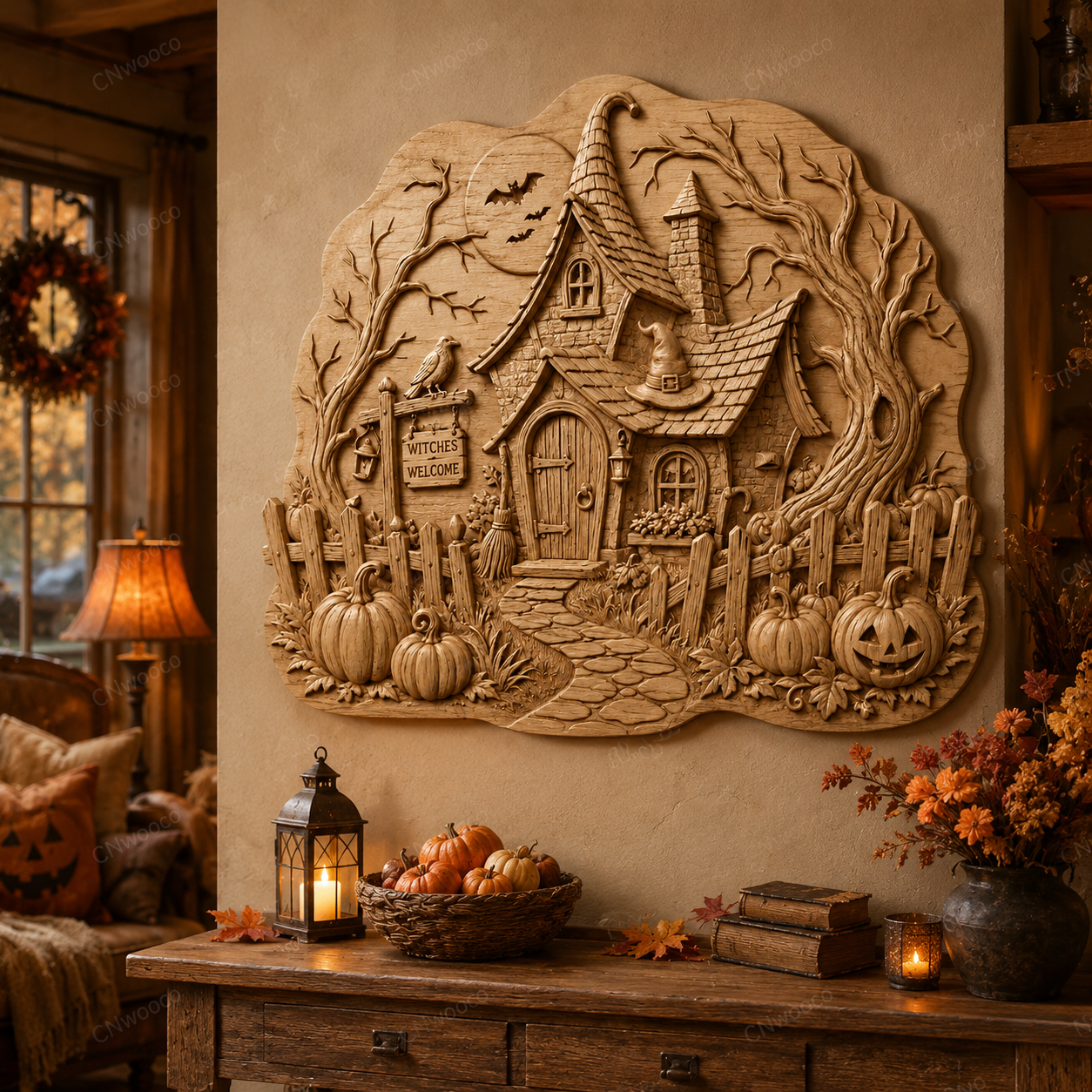 CNC & impression 3D relief maison de sorcière Halloween, citrouilles et panneau Witches Welcome, fichier STL haute qualité