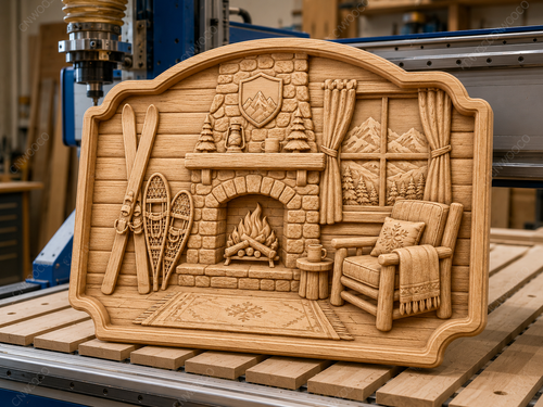 CNC & impression 3D chalet d’hiver avec cheminée, skis, raquettes et décor montagne, fichier STL très haute qualité