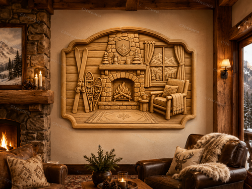 CNC & impression 3D chalet d’hiver avec cheminée, skis, raquettes et décor montagne, fichier STL très haute qualité