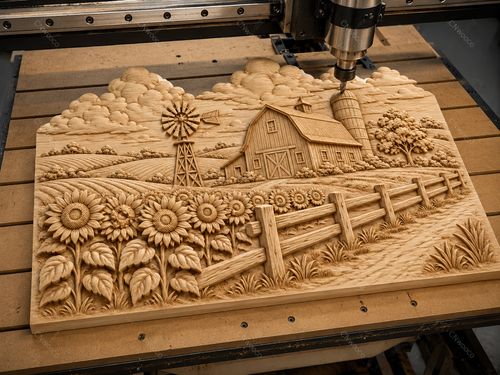 CNC & impression 3D scène de ferme avec tournesols, grange et moulin, relief bois mural fichier STL très haute qualité