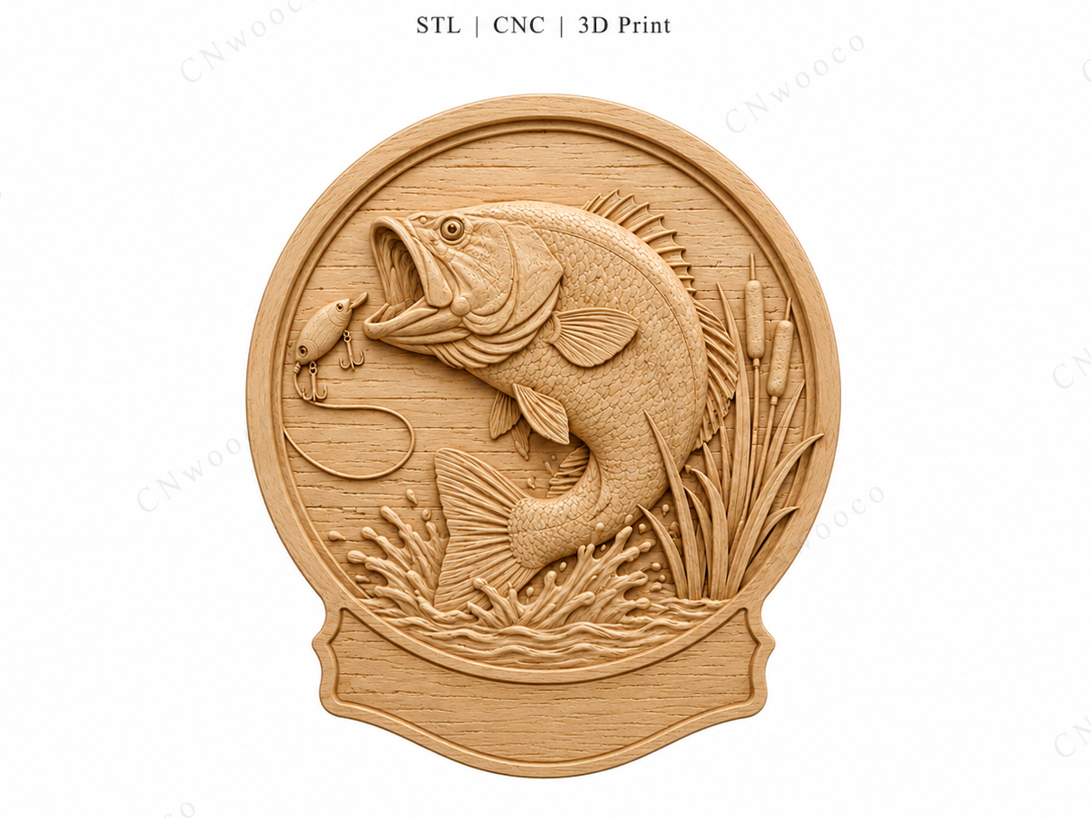 Relief poisson bass pêche CNC & impression 3D, plaque pêcheur en bois, décoration pêche, fichier STL très haute qualité