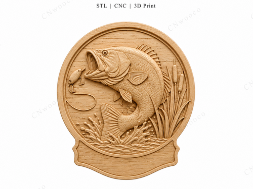 Relief poisson bass pêche CNC & impression 3D, plaque pêcheur en bois, décoration pêche, fichier STL très haute qualité