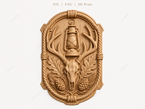 CNC & impression 3D relief crâne de cerf avec lanterne, décor chasse rustique, fichier STL très haute qualité