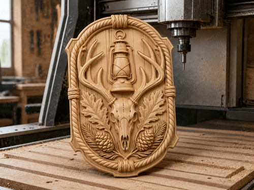 CNC & impression 3D relief crâne de cerf avec lanterne, décor chasse rustique, fichier STL très haute qualité