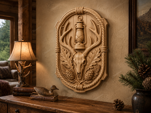 CNC & impression 3D relief crâne de cerf avec lanterne, décor chasse rustique, fichier STL très haute qualité