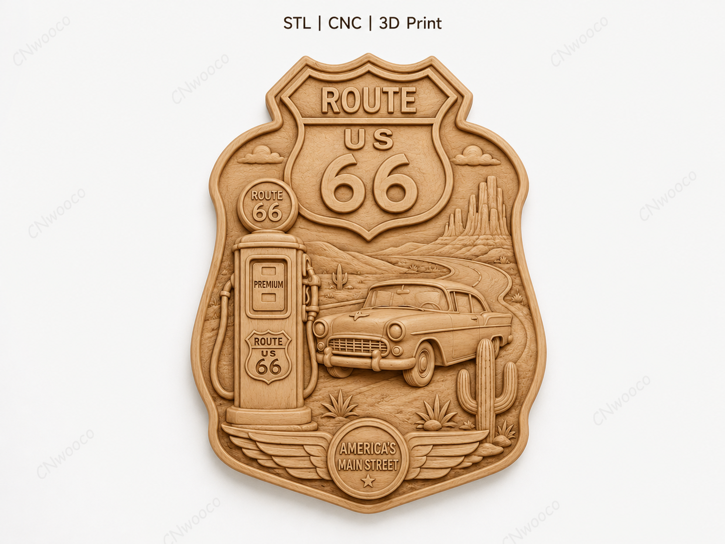 Route 66 plaque murale western CNC & impression 3D, fichier STL bas-relief bois vintage Americana