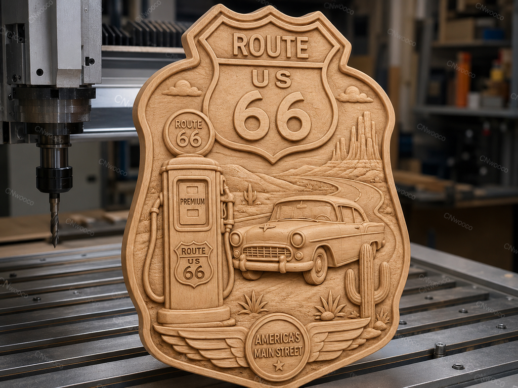 Route 66 plaque murale western CNC & impression 3D, fichier STL bas-relief bois vintage Americana