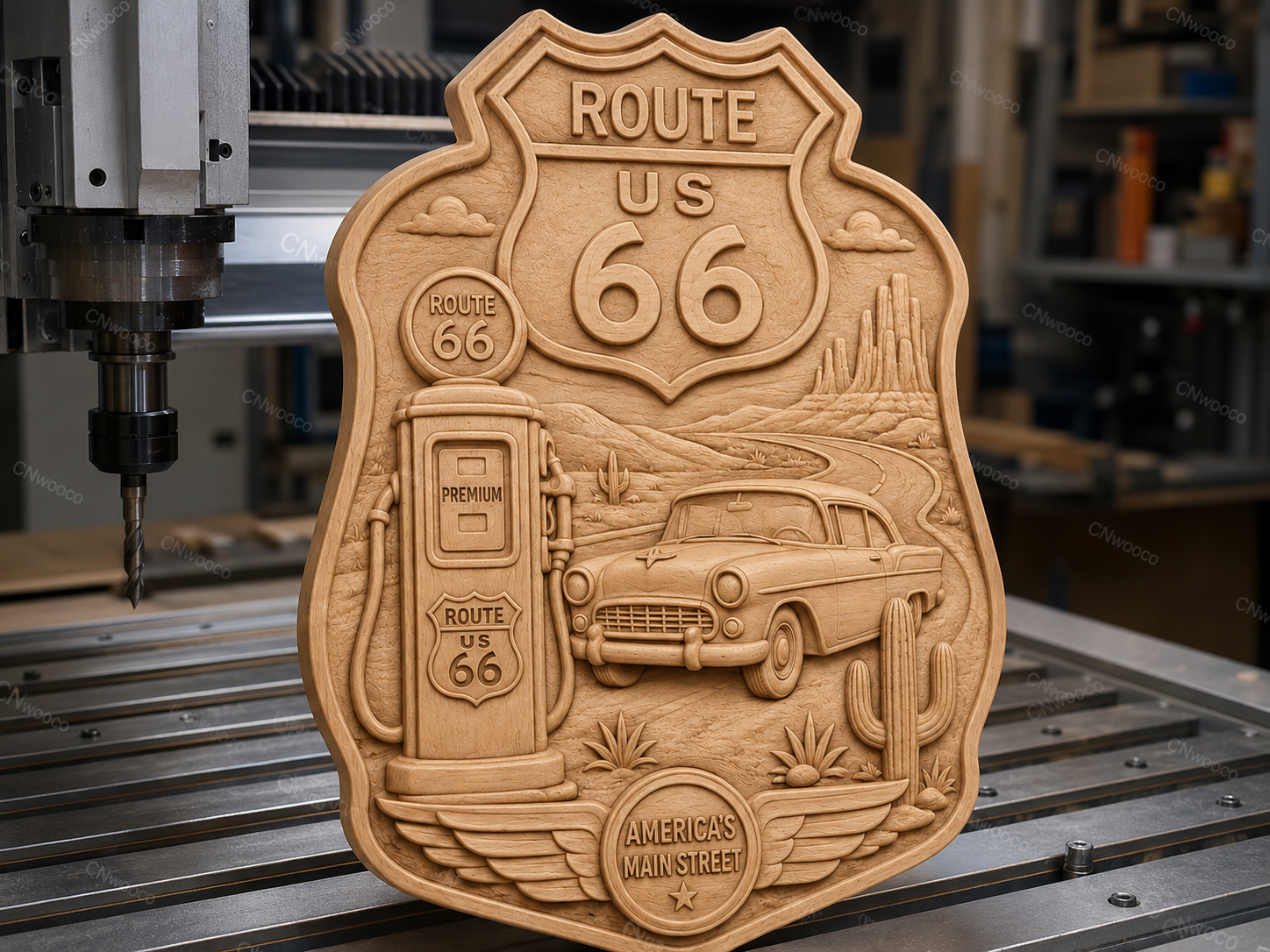 Route 66 plaque murale western CNC & impression 3D, fichier STL bas-relief bois vintage Americana