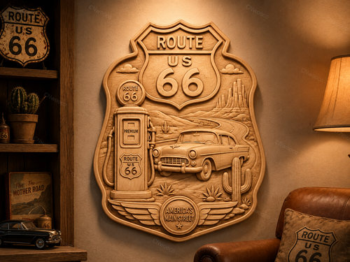 Route 66 plaque murale western CNC & impression 3D, fichier STL bas-relief bois vintage Americana