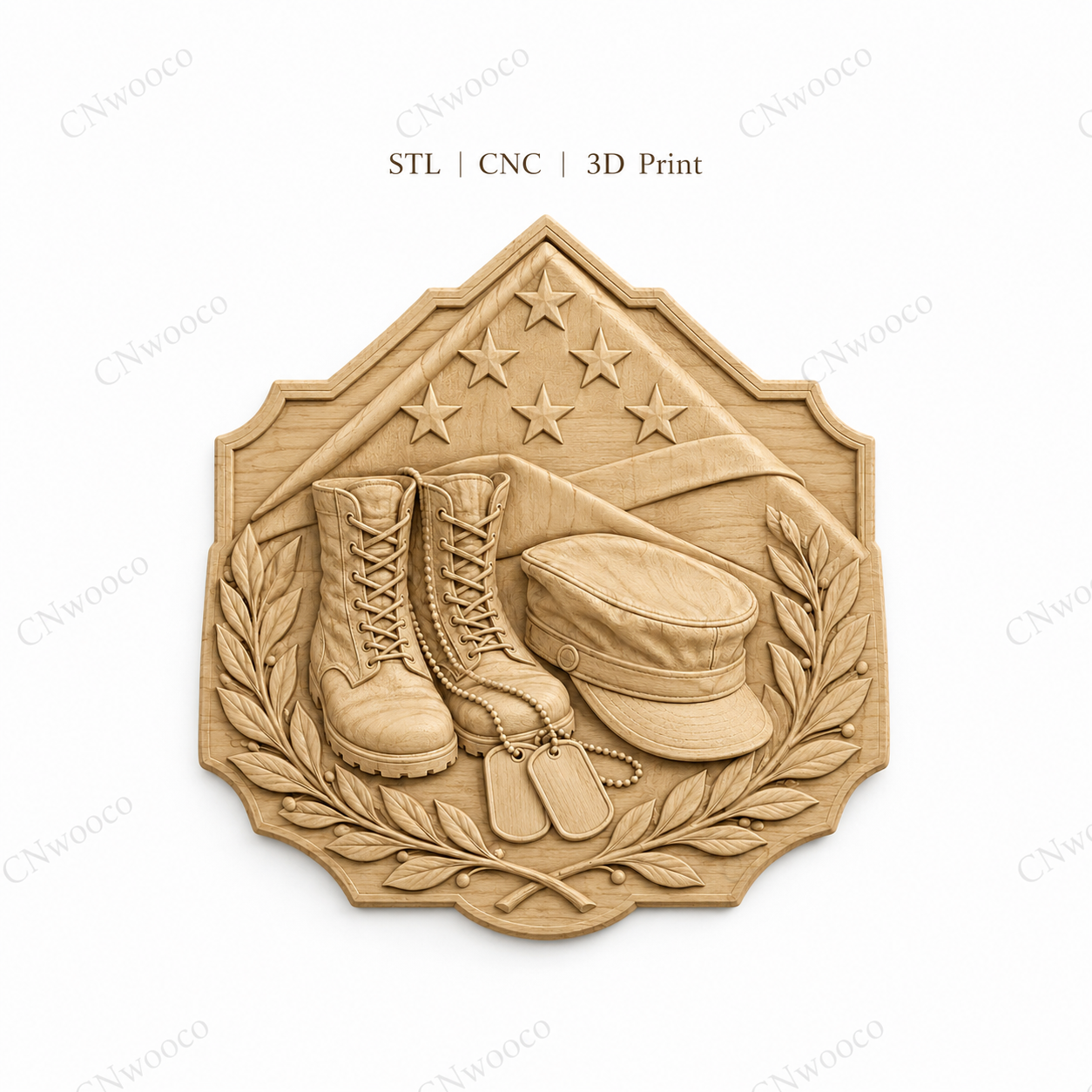 Relief mémorial militaire CNC & impression 3D, bottes soldat, dog tags, drapeau américain, fichier STL très haute qualité