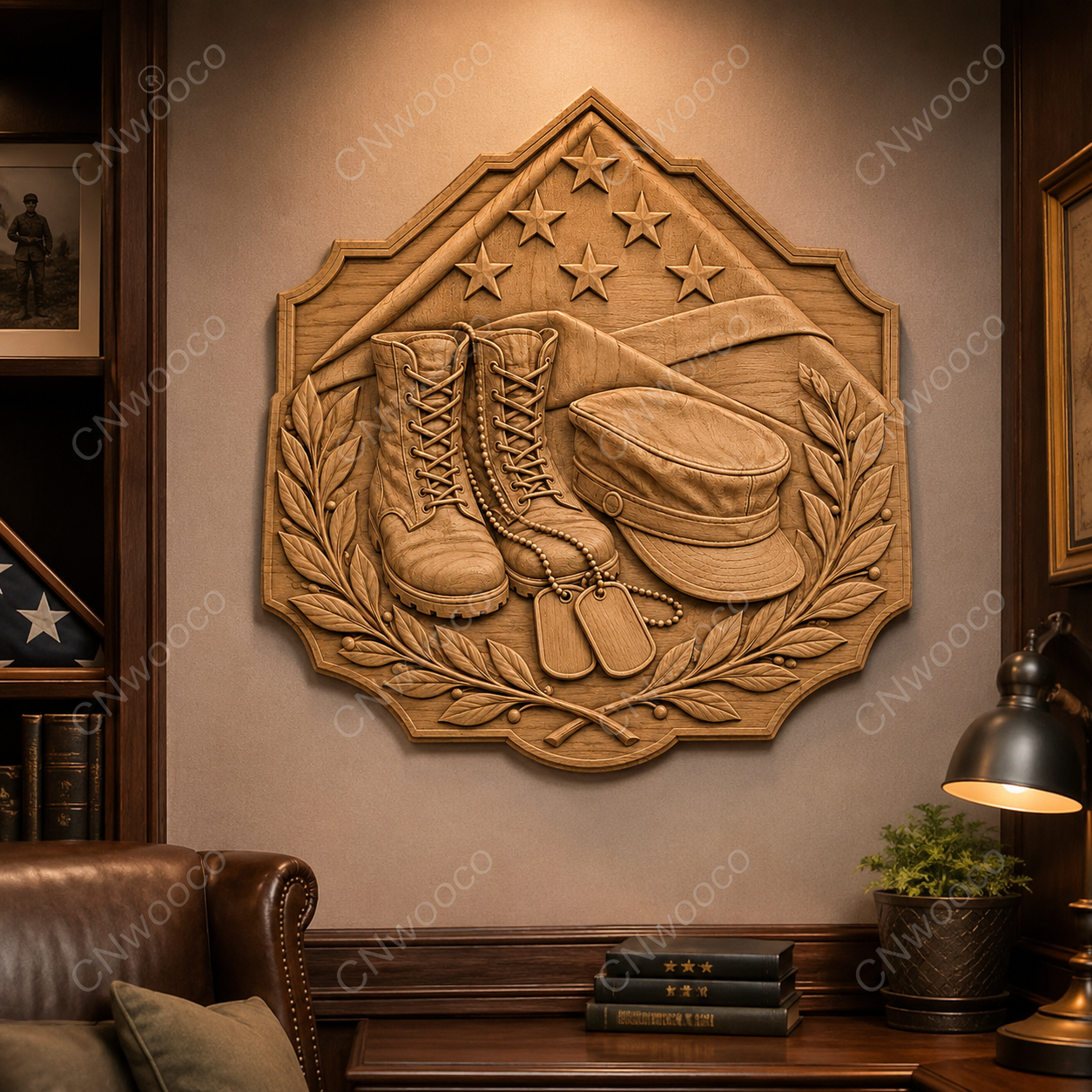 Relief mémorial militaire CNC & impression 3D, bottes soldat, dog tags, drapeau américain, fichier STL très haute qualité