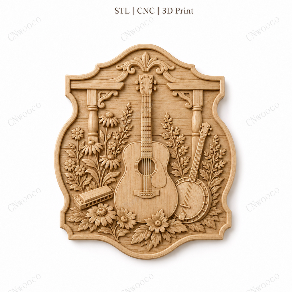 Relief musique guitare banjo et fleurs, fichier STL de très haute qualité pour sculpture bois CNC & impression 3D