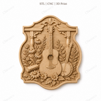 Relief musique guitare banjo et fleurs, fichier STL de très haute qualité pour sculpture bois CNC & impression 3D