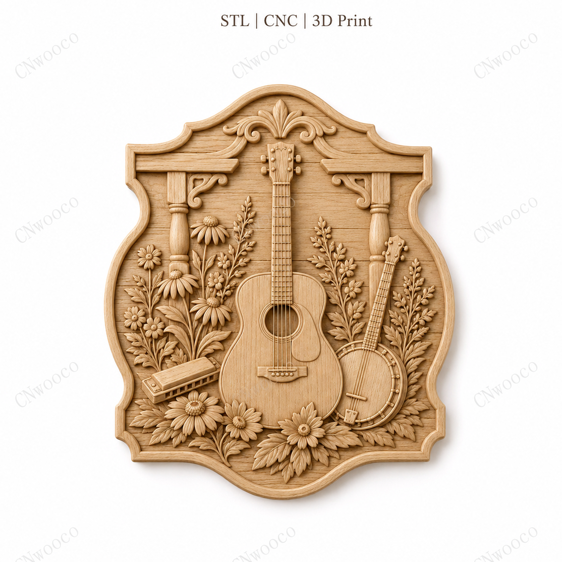 Relief musique guitare banjo et fleurs, fichier STL de très haute qualité pour sculpture bois CNC & impression 3D