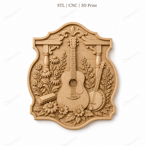 Relief musique guitare banjo et fleurs, fichier STL de très haute qualité pour sculpture bois CNC & impression 3D