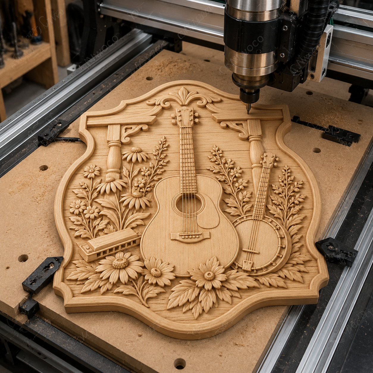 Relief musique guitare banjo et fleurs, fichier STL de très haute qualité pour sculpture bois CNC & impression 3D
