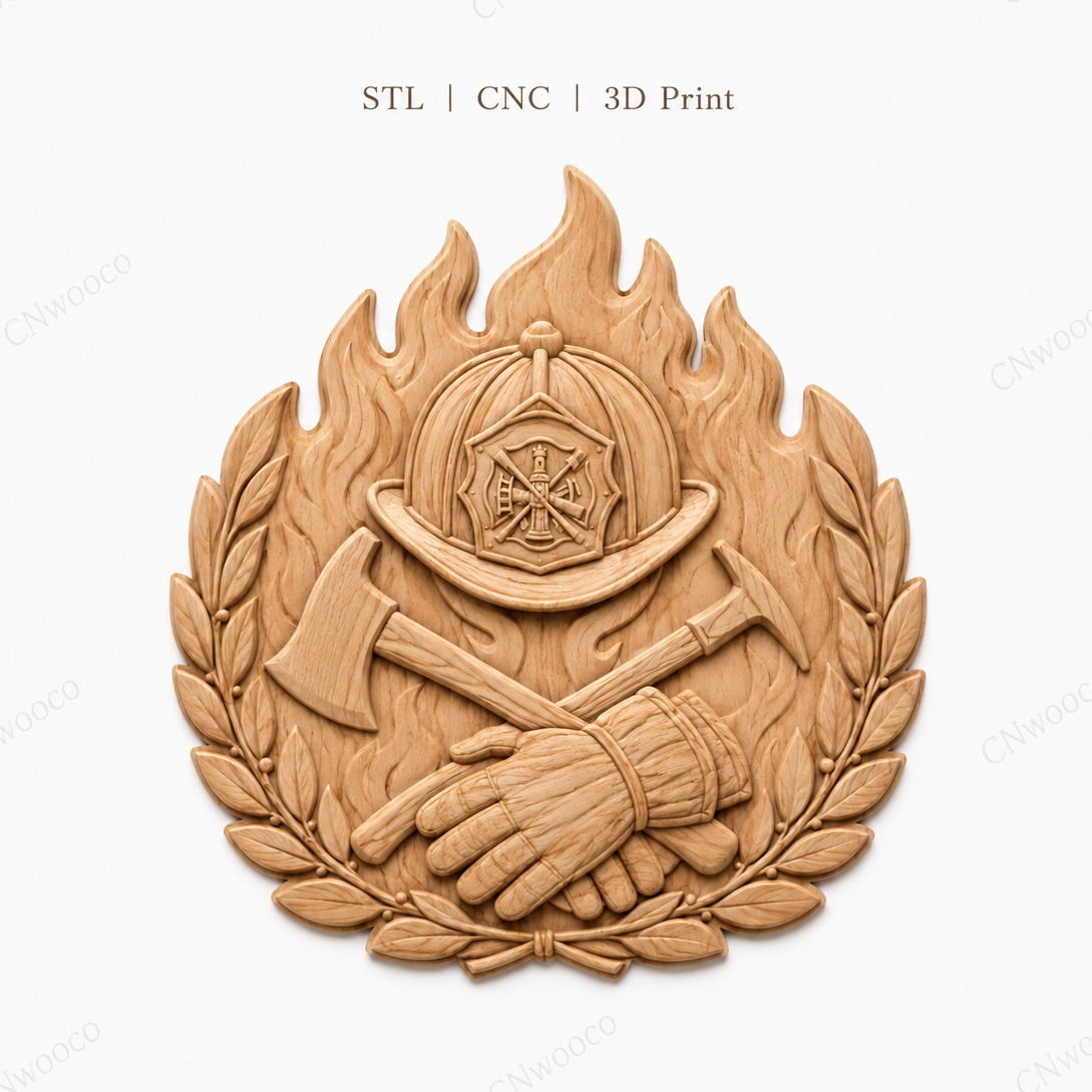 Relief pompier avec casque CNC & impression 3D, haches, gants et flammes, fichier pour gravure bois, STL très haute qualité