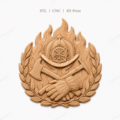 Relief pompier avec casque CNC & impression 3D, haches, gants et flammes, fichier pour gravure bois, STL très haute qualité