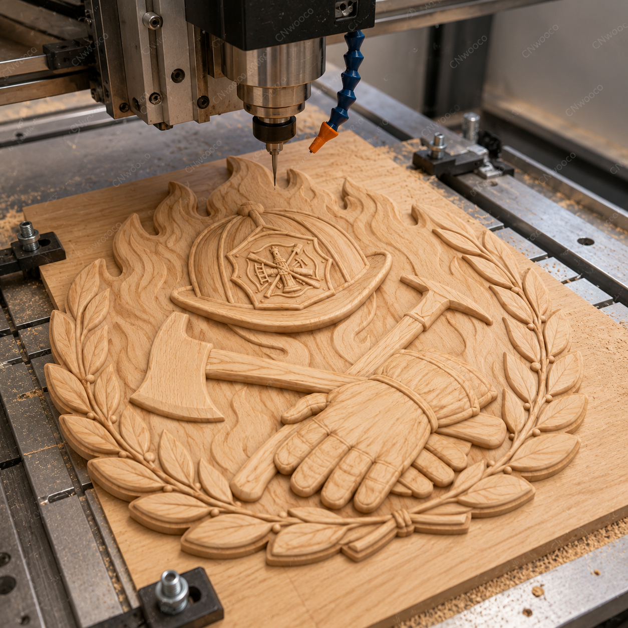 Relief pompier avec casque CNC & impression 3D, haches, gants et flammes, fichier pour gravure bois, STL très haute qualité