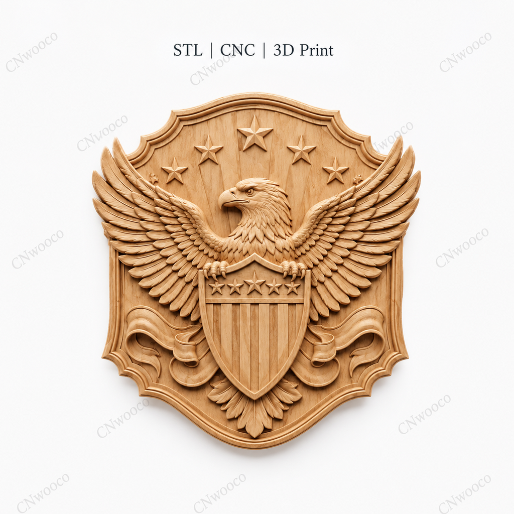 CNC & impression 3D aigle américain avec bouclier patriotique, relief mural bois pour carving, fichier STL