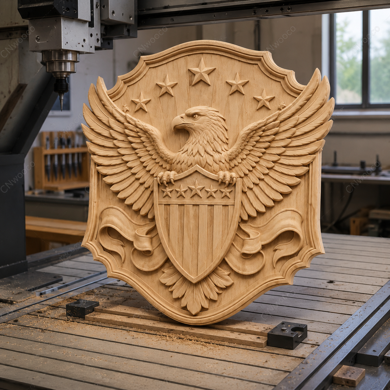 CNC & impression 3D aigle américain avec bouclier patriotique, relief mural bois pour carving, fichier STL