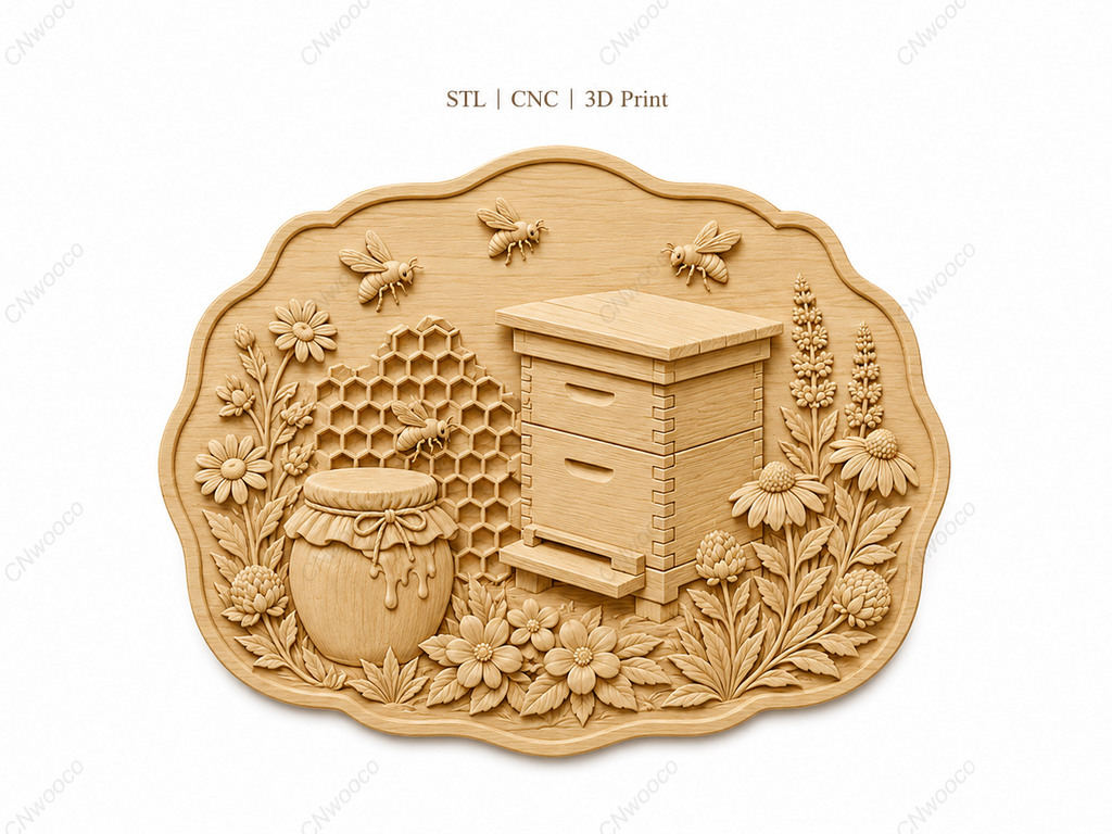 CNC & impression 3D relief ruche abeilles miel et fleurs, fichier STL déco apiculteur bois