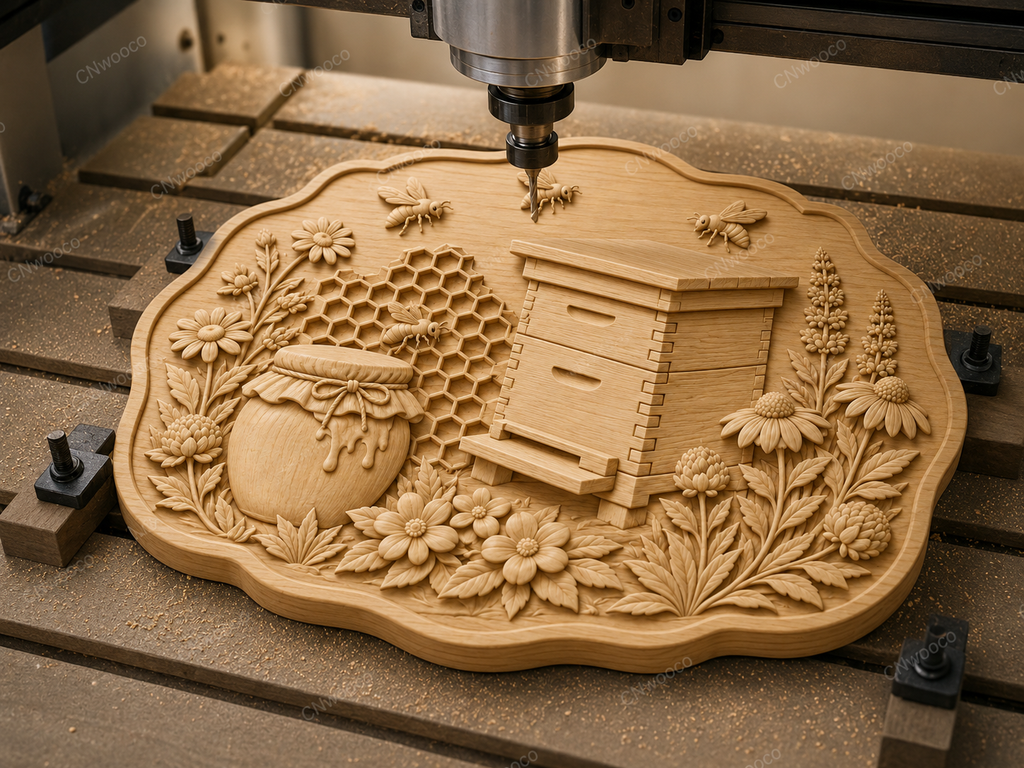CNC & impression 3D relief ruche abeilles miel et fleurs, fichier STL déco apiculteur bois