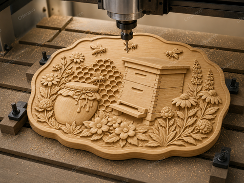 CNC & impression 3D relief ruche abeilles miel et fleurs, fichier STL déco apiculteur bois