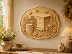 CNC & impression 3D relief ruche abeilles miel et fleurs, fichier STL déco apiculteur bois