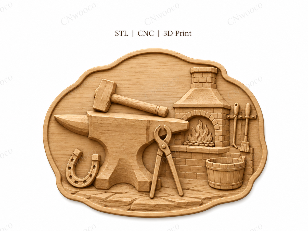 Relief de forgeron avec enclume CNC & impression 3D, forge et outils, fichier STL très haute qualité