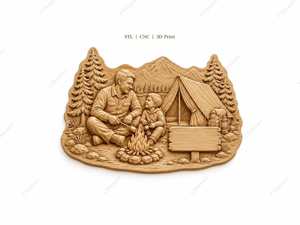 CNC & impression 3D scène camping père fils, relief bois famille nature, panneau à personnaliser, fichier STL