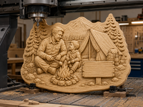 CNC & impression 3D scène camping père fils, relief bois famille nature, panneau à personnaliser, fichier STL