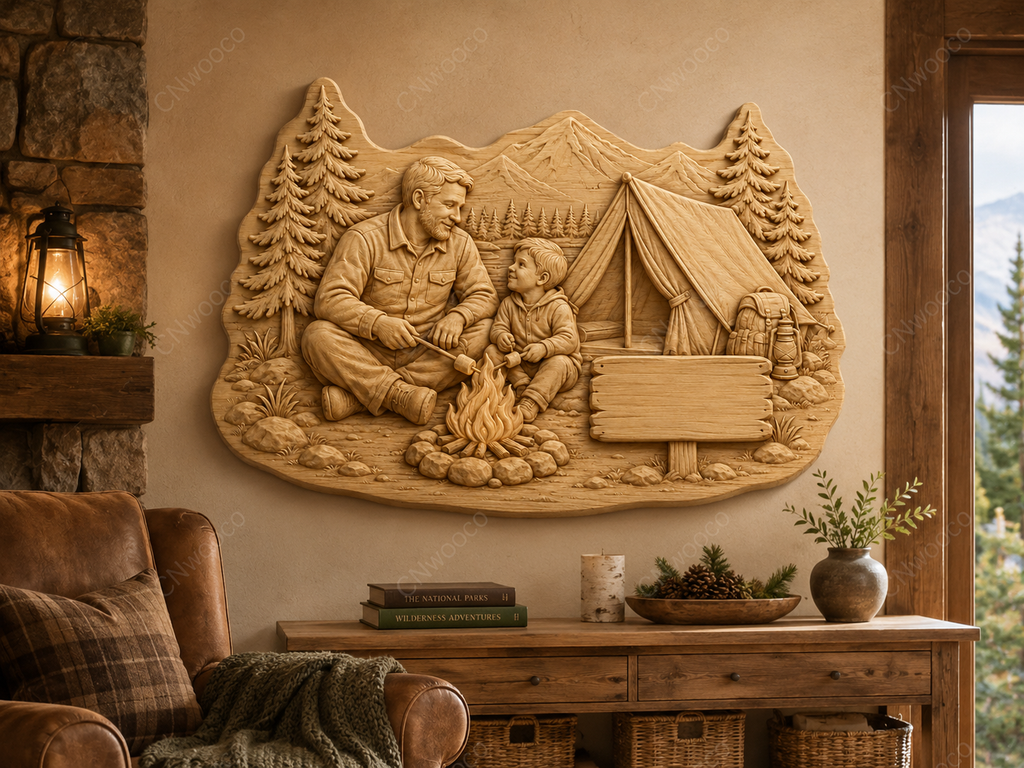 CNC & impression 3D scène camping père fils, relief bois famille nature, panneau à personnaliser, fichier STL