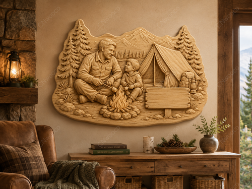 CNC & impression 3D scène camping père fils, relief bois famille nature, panneau à personnaliser, fichier STL