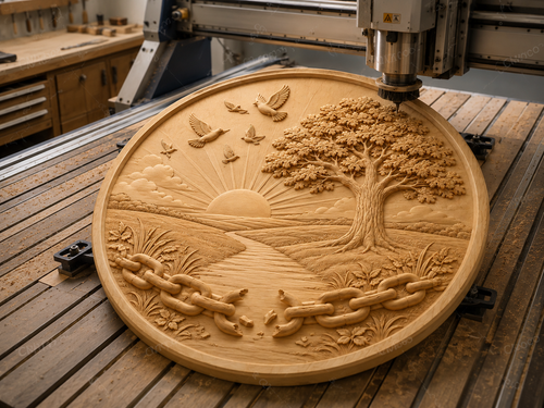 CNC & impression 3D relief liberté arbre et soleil, décor mural bois paysage oiseaux chaîne brisée, fichier STL