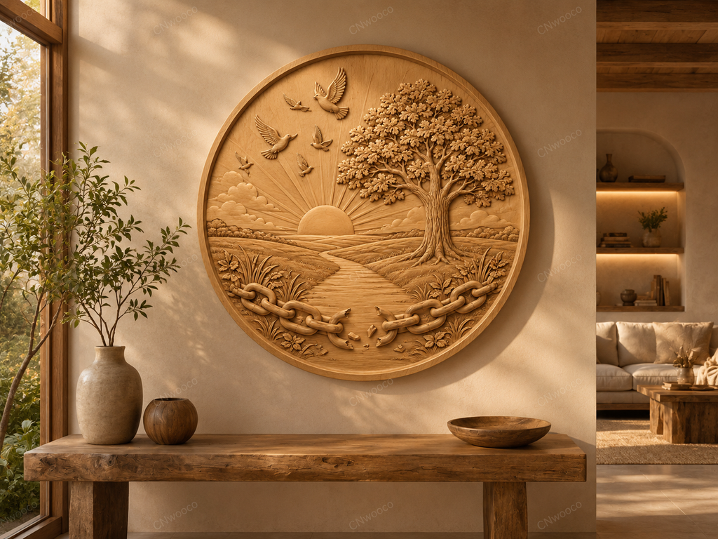 CNC & impression 3D relief liberté arbre et soleil, décor mural bois paysage oiseaux chaîne brisée, fichier STL