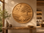 CNC & impression 3D relief liberté arbre et soleil, décor mural bois paysage oiseaux chaîne brisée, fichier STL