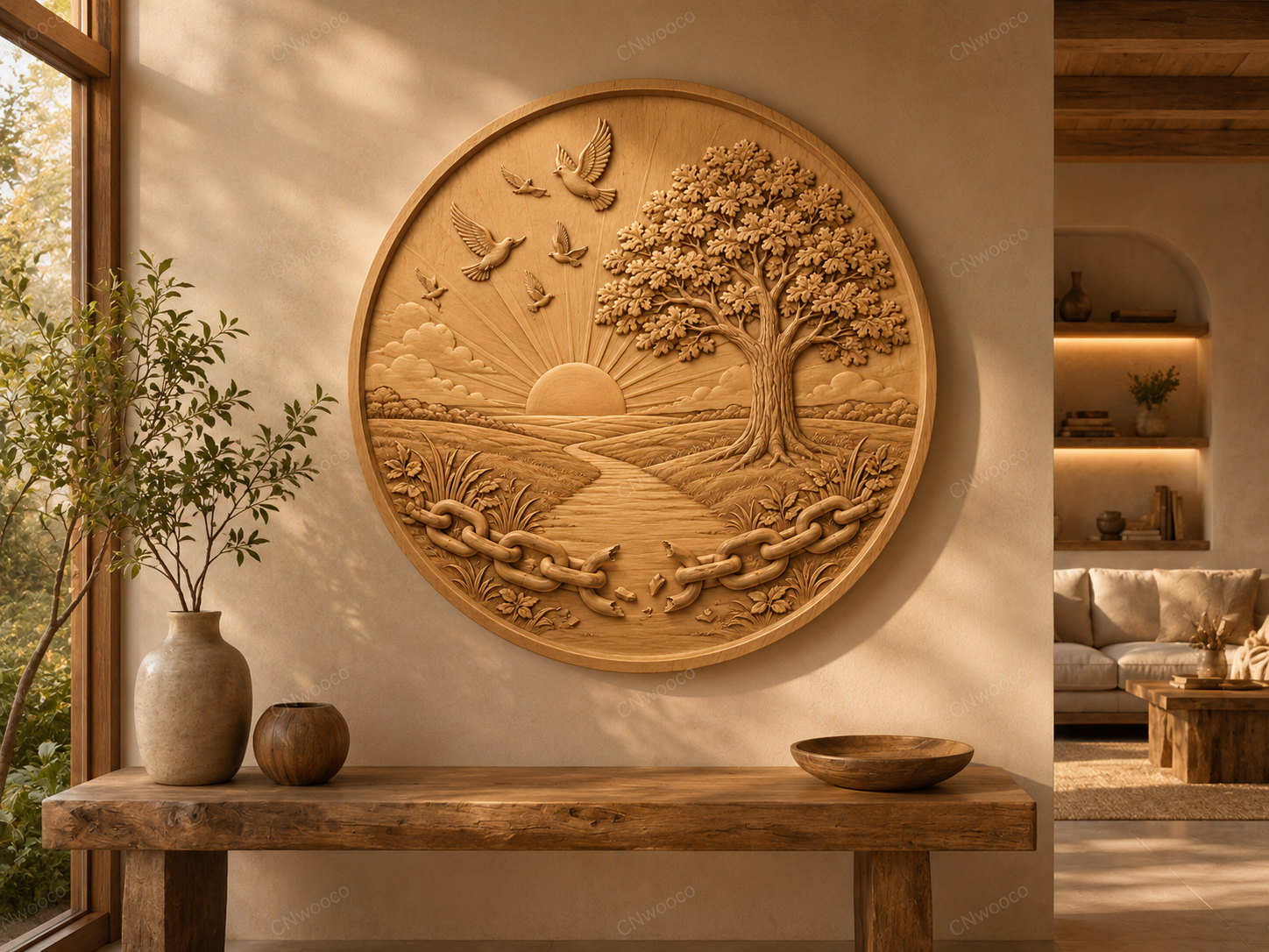 CNC & impression 3D relief liberté arbre et soleil, décor mural bois paysage oiseaux chaîne brisée, fichier STL