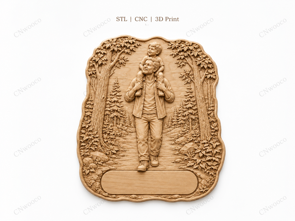 CNC & impression 3D père et enfant en forêt, relief bois fête des pères à personnaliser, fichier STL